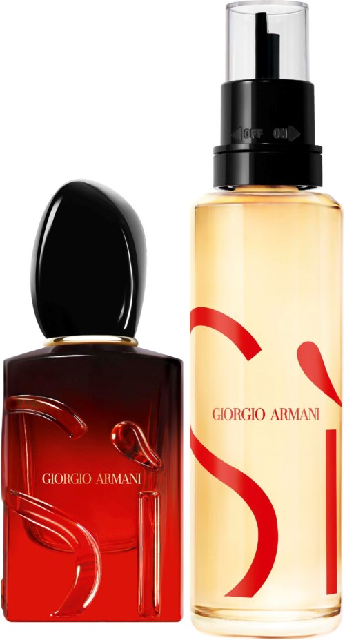 Kaksi Giorgio Armani -pulloa, yksi punainen kynsilakka ja yksi vaaleanvärinen tuoksu, seisovat vierekkäin.