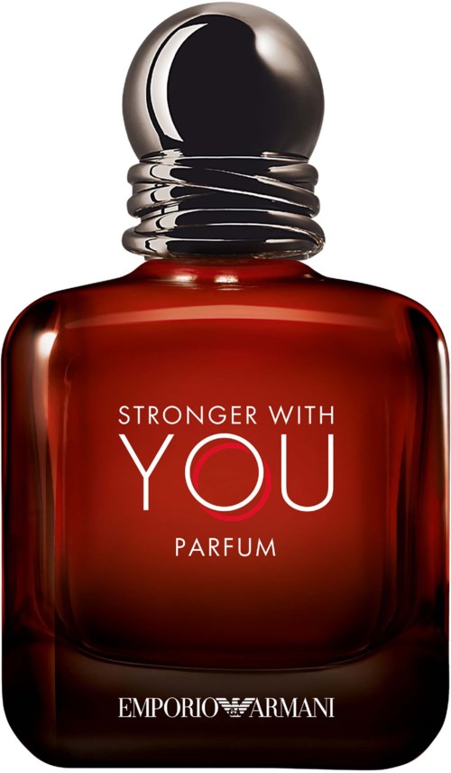 A perfume bottle with a shiny round cap, red body, and the words "Stronger With You" on it.