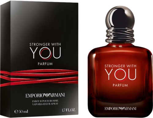 A perfume bottle and box with red and black colors, labeled 'Stronger with You' by Emporio Armani.