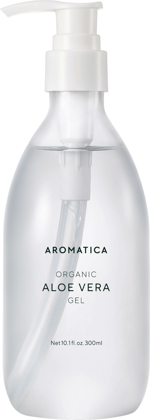 Een heldere plastic fles met pomp, gemarkeerd Aromatica Organic Aloe Vera Gel, bevat 300 ml.