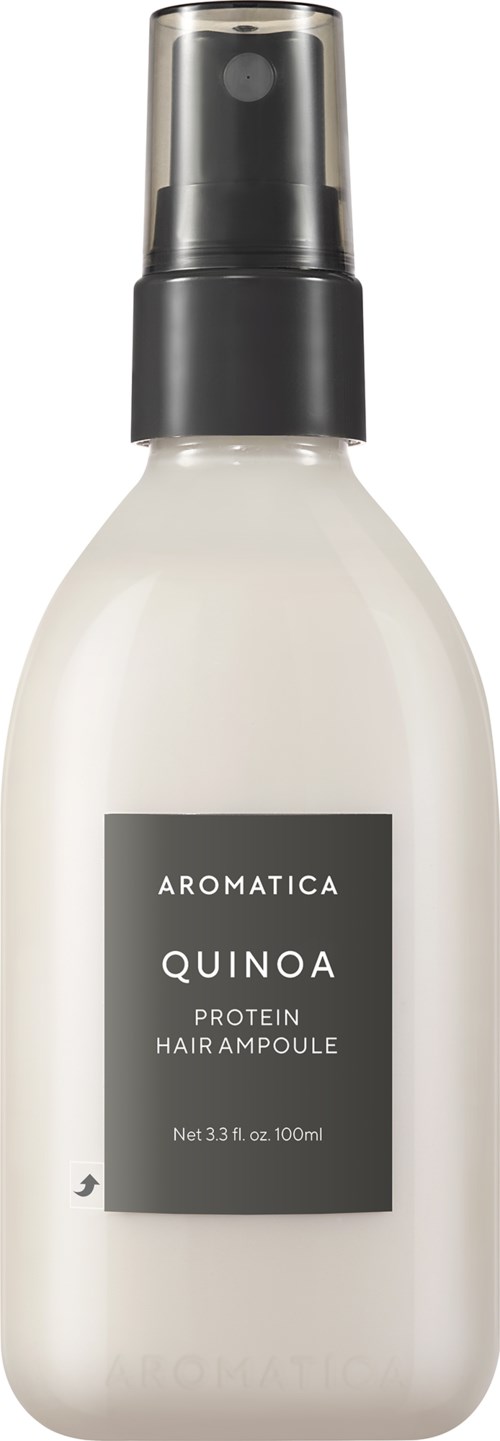 Een witte fles met zwart etiket en spraydop, gemarkeerd Aromatica Quinoa proteïne haarampul, 100 ml.
