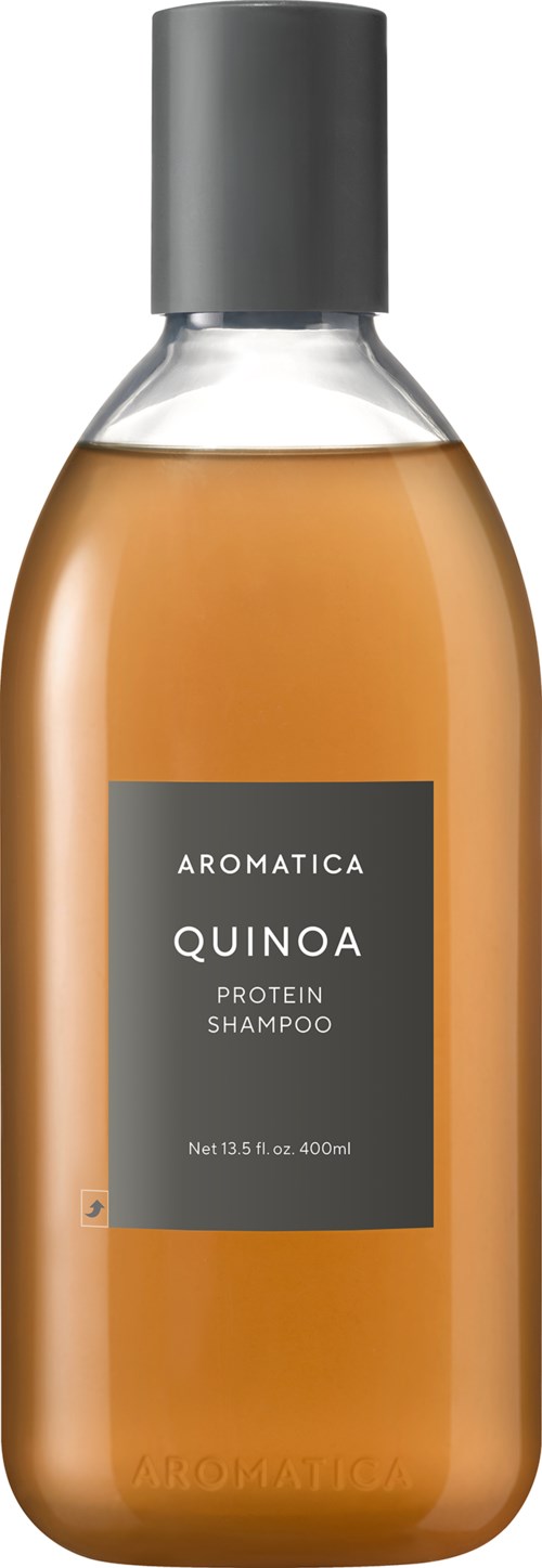 Fles Aromatica Quinoa Protein Shampoo met grijze dop en zwart etiket.