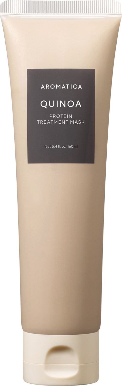Een beige tube met een zwart label dat zegt Aromatica Quinoa Protein Treatment Mask, 150 ml.
