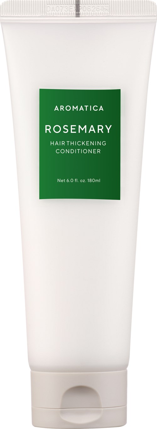 Een witte tube met een groen label dat zegt 'Aromatica Rosemary Hair Thickening Conditioner' en een schroefdop.