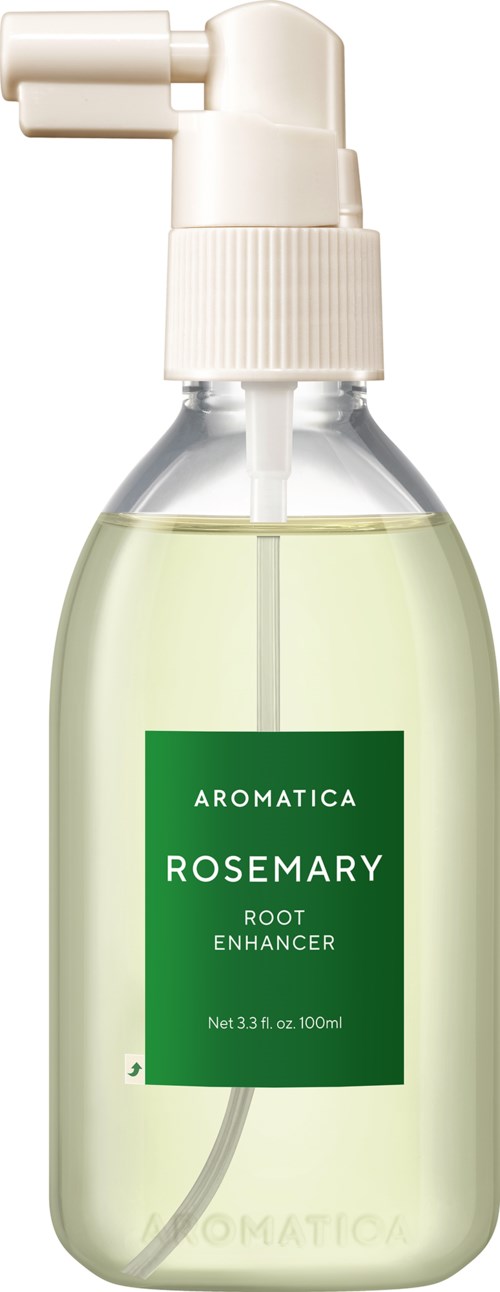 Eine klare Sprühflasche mit grünem Etikett für Rosmarin-Wurzelverstärker, gefüllt mit hellgelber Flüssigkeit.