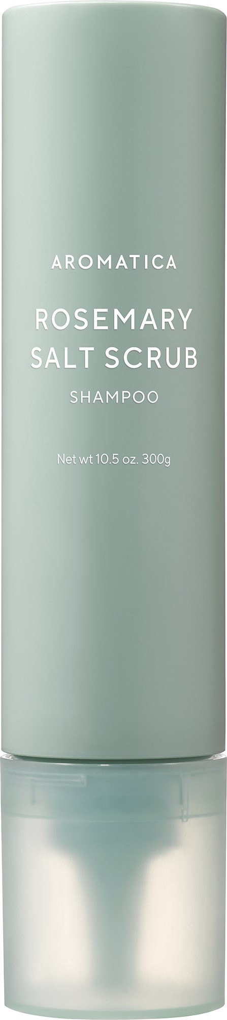 Een lichtgroene fles met label Aromatica Rosemary Salt Scrub Shampoo en zilveren dop.