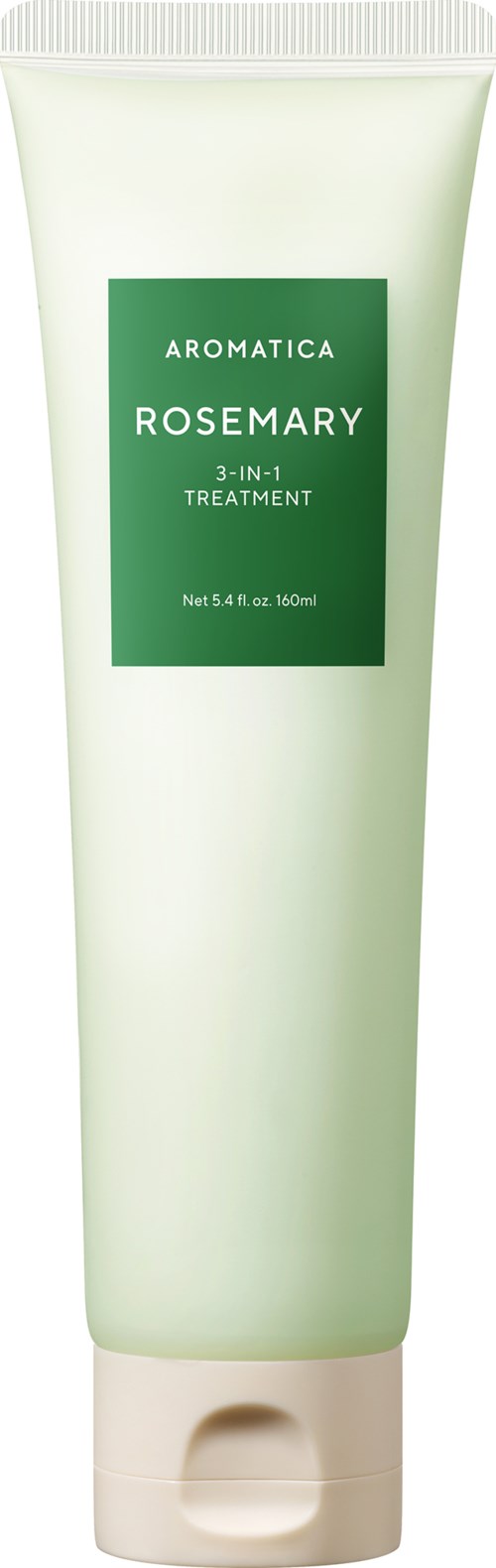 Een tube Aromatica rozemarijn 3-in-1 behandeling met groene label en witte dop.