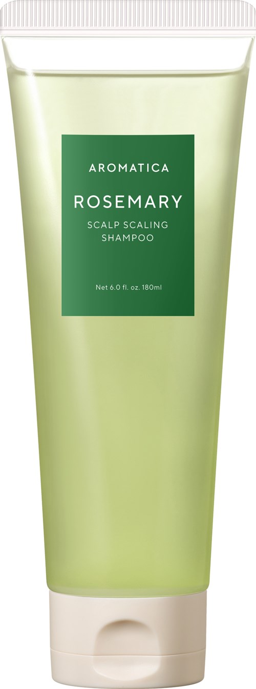 Een groene tube met witte dop, label: Aromatica Rosemary Scalp Scaling Shampoo, 180ml.