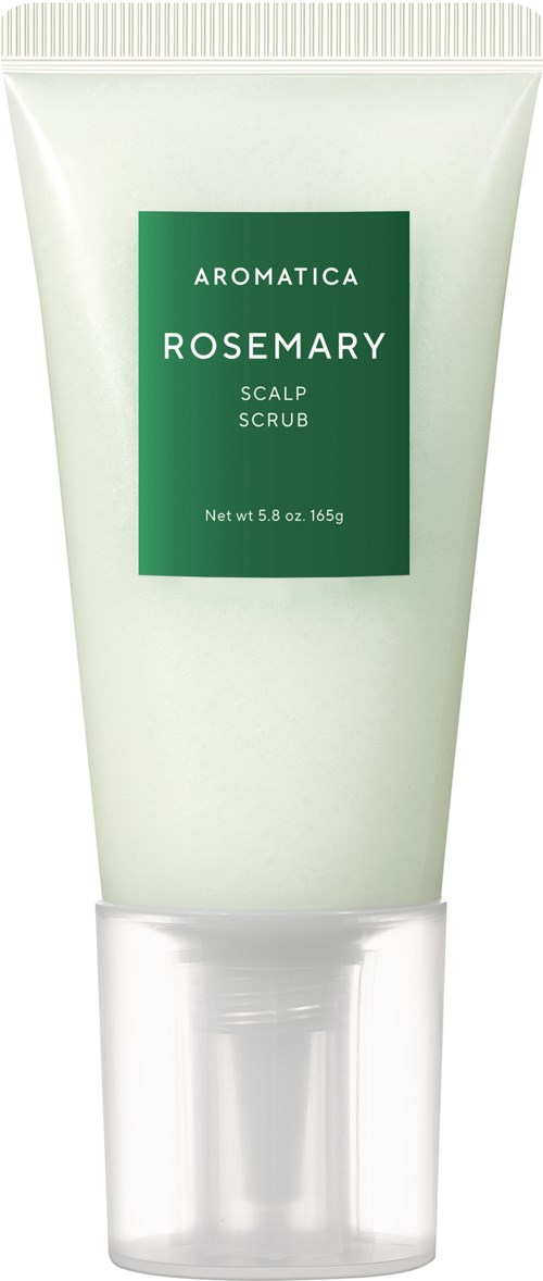 Een witte tube Aromatica rozemarijn hoofdhuid-geschraapt met groene etiket en doorzichtige deksel.