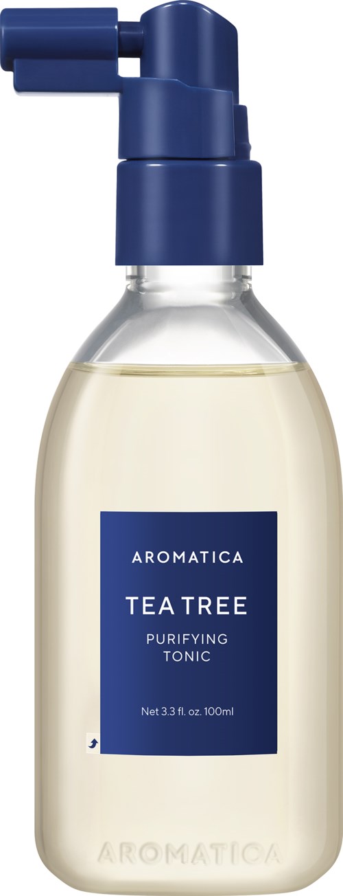 Duidelijke fles met blauwe label en spraydop met tea tree reinigingstonic.