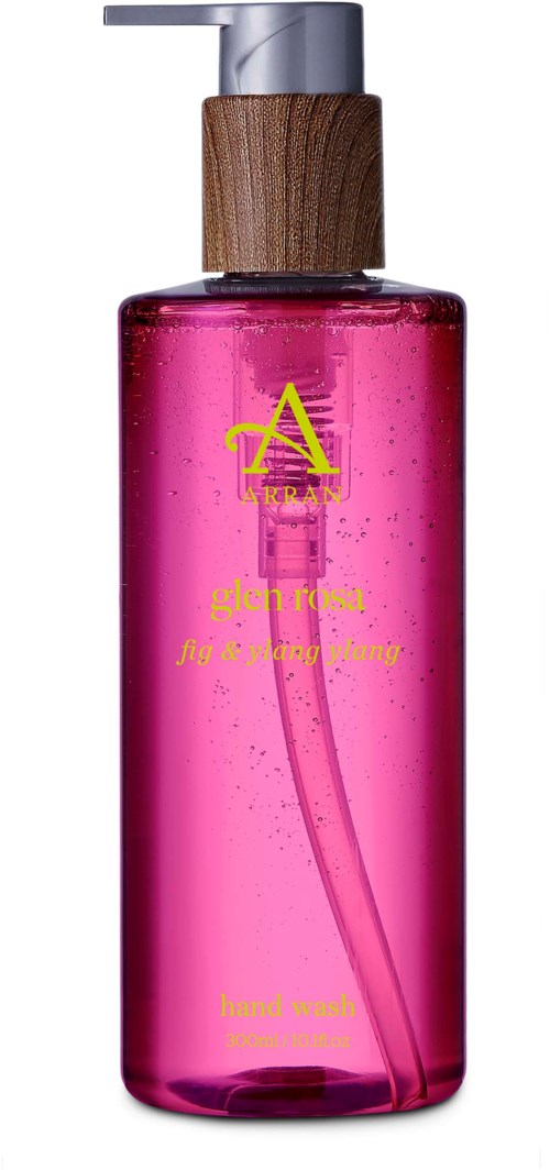 Pinkflasche für Handseife mit Holzdeckel und gelbem Text, zeigt ein Logo und Produktinfos.