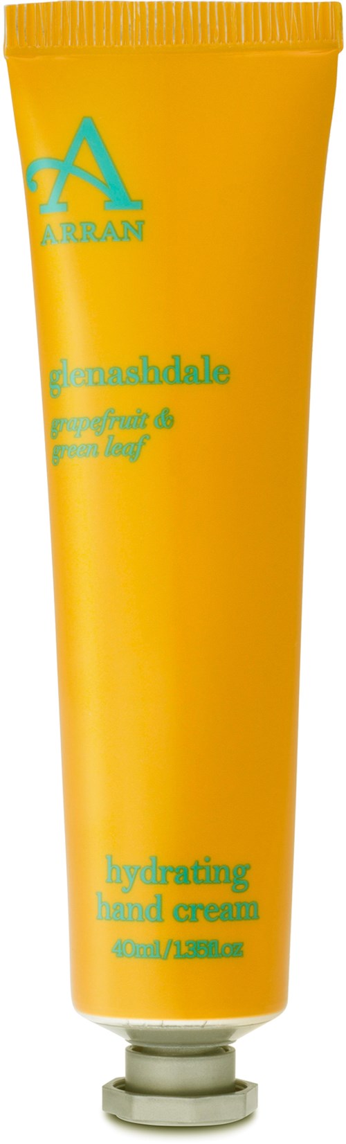 Ein gelber Spender mit blauer Schrift, beschriftet 'Arran' und 'Hydrating hand cream'.
