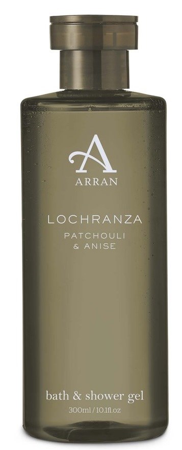 Eine grünlich-braune Flasche mit silberner Kappe, beschriftet Arran Lochranza Bad- und Duschg gel, 300 ml.