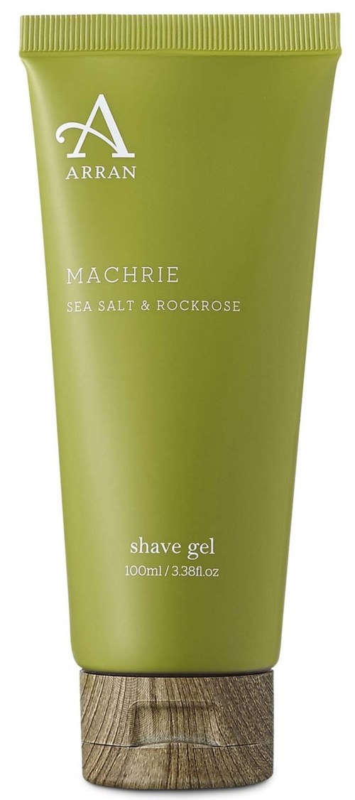 Grüne Rasiergel-Tube mit holzartigem Deckel, beschriftet 'ARRAN Machrie Sea Salt & Rockrose,' 100 ml.