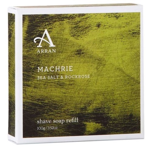 Verpackung mit Machrie Meersalz und Rockrose Rasierschaum Nachfüllung, grün und schwarz gestaltet.