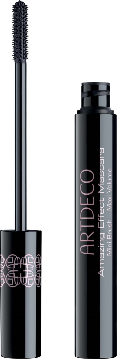 A black mascara tube with a brush applicator, labeled ARTDECO mascara in white and pink letters.