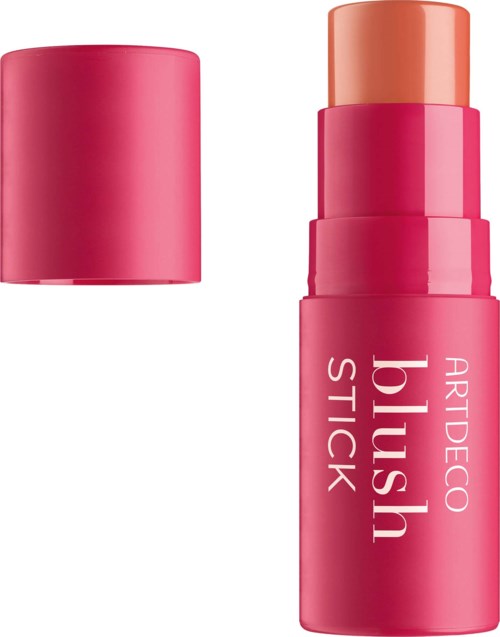 Pinkki huulipuna, jossa on vaaleanpunainen korkki, Artdeco blush stick -brändi, ilman kantta.