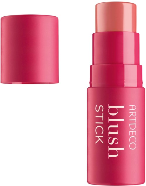 A pink stick lipstick with a removable cap and the words 'blush stick' on it.