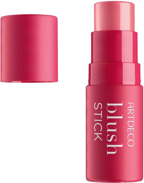Pink cylindrical container with a lighter pink stick inside, labeled 'ARTDECO blush stick'.