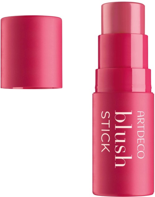 Pink lipstick with a removable cap and shaped container, labeled 'Artdeco blush stick' in white text.