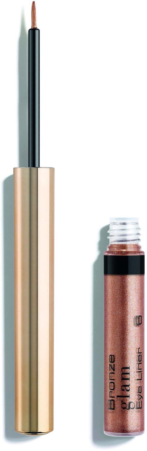 A lip gloss tube with a long brush inside and a shiny beige container. The cap is golden.