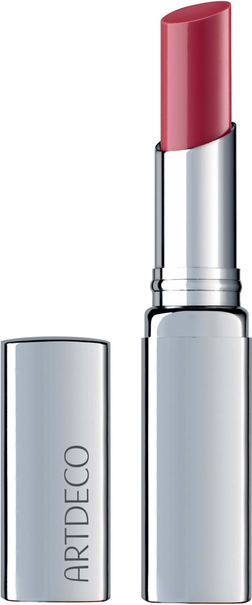 Een zilverkleurige lippenstift met rode kleur zichtbaar, en ARTDECO op de dop.