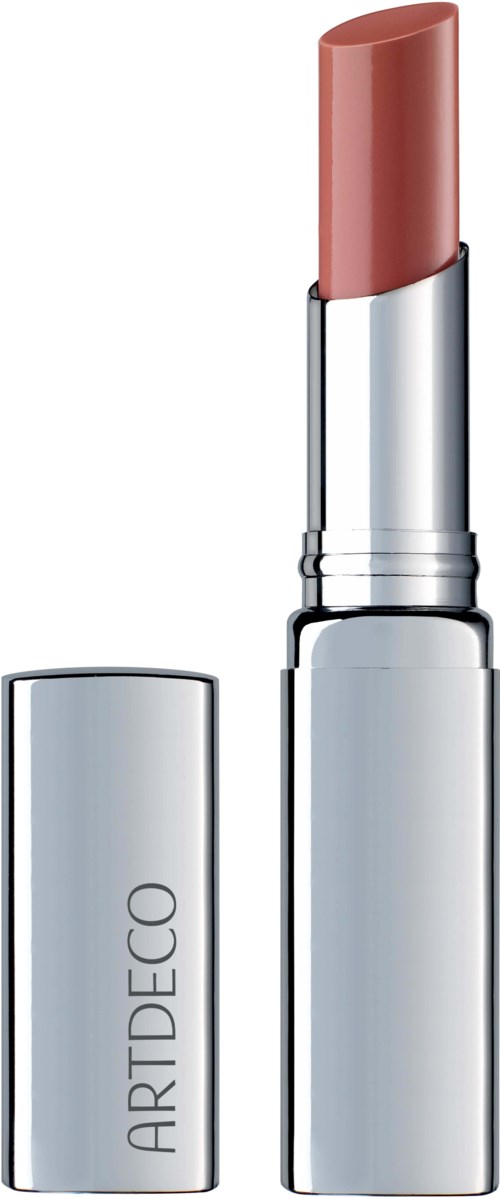 Een zilveren lippenstiftverpakking met een beige lipstick zichtbaar. Het doosje heeft "ARTDECO" erop.