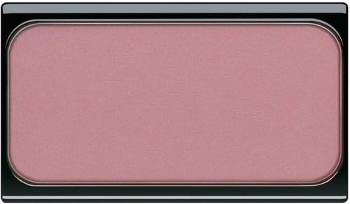 Ein rosa Make-up Rouge in einer schwarzen und silbernen Kompaktbox.