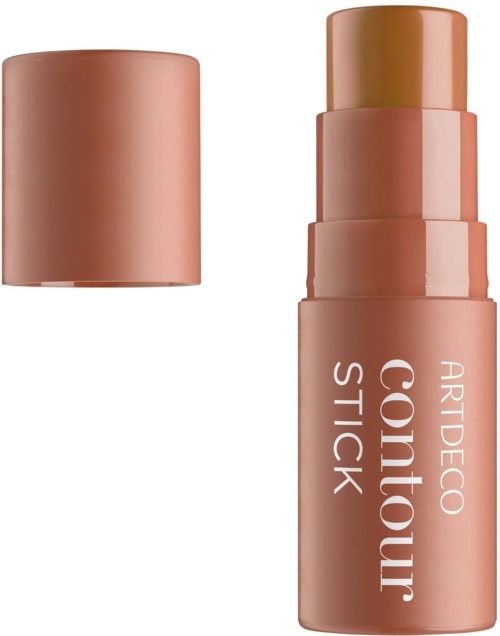 Een roze make-upstift met een lichtbruine dop, gemerkt 'ARTDECO Contour Stick'.