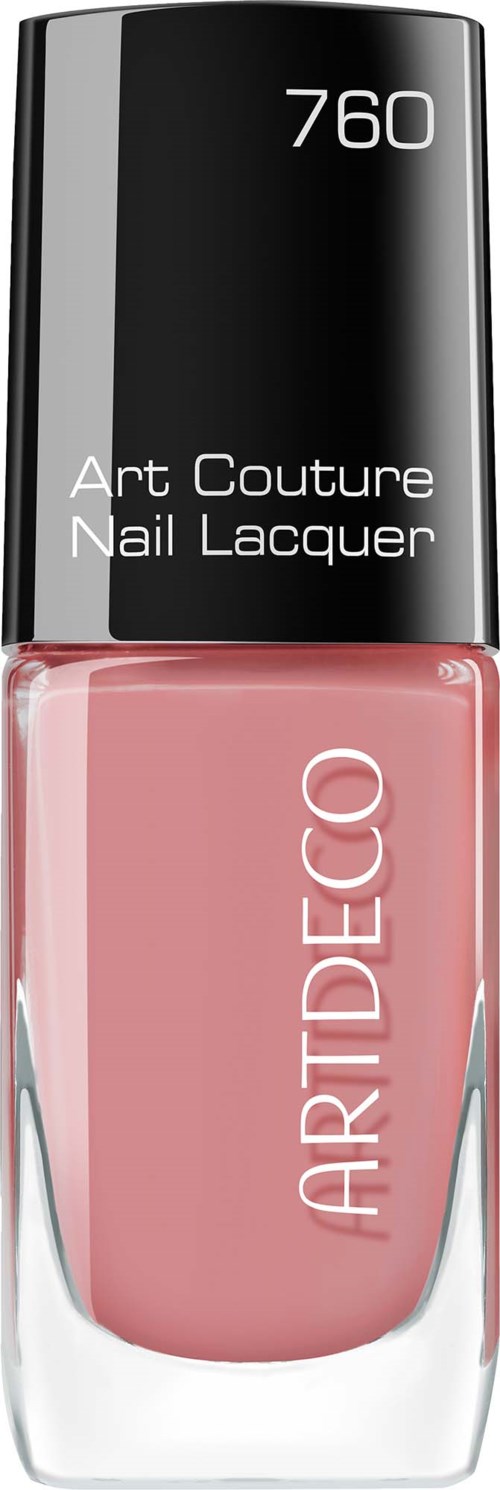 En rosa nagellackflaska med svart lock, märkt Art Deco, Art Couture Nail Lacquer och numret 760.