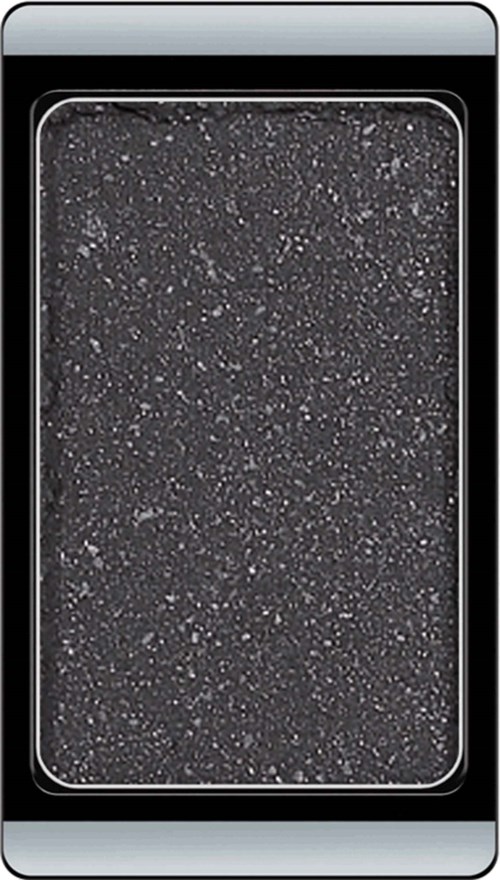 Svart ögonskugga med silverglitter i en metallisk förpackning.