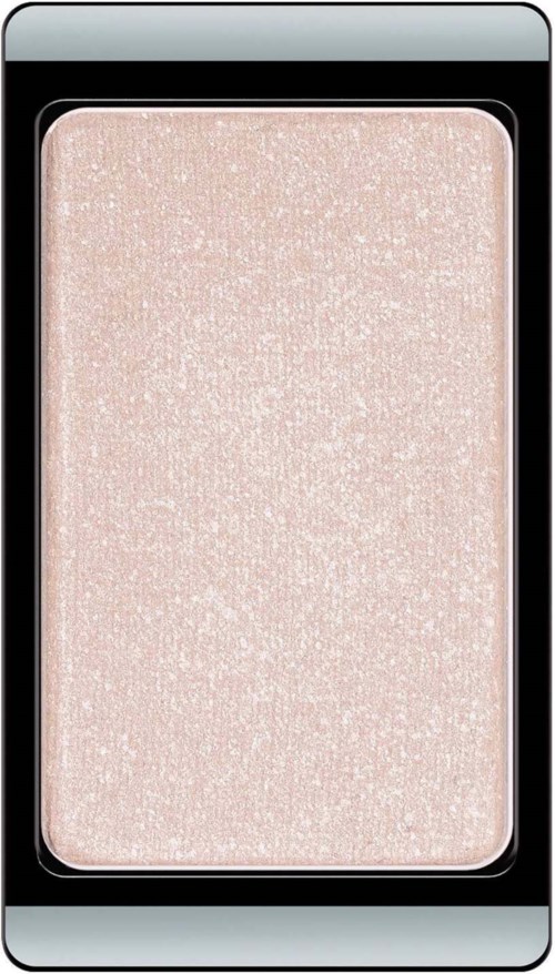 En ljusrosa skimrande ögonskugga i ett rektangulärt palette med svart och silverfacks.