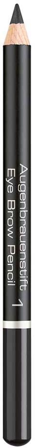 Ein schwarzer Bleistift mit hellem Spitzen und weißem Text 'Augenbrauenstift 1 Eye Brow Pencil'.