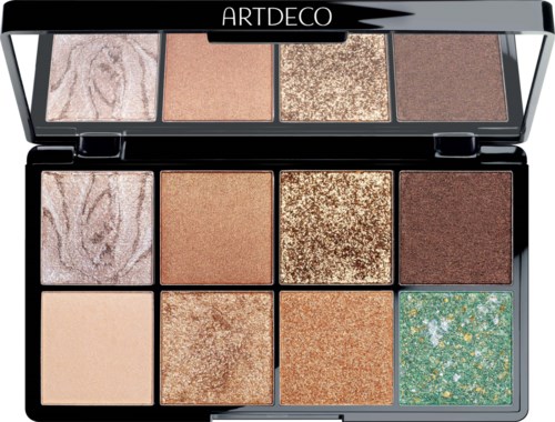 En makeup-palett med åtta olika nyanser, inklusive skimrande och matta färger i beige, brunt, guld och grönt.