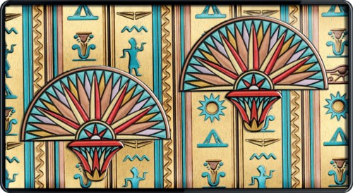 Färgglad gammal egyptisk stilmönster med solar, pyramider och hieroglyfer i guld, blått, rött och turkost.