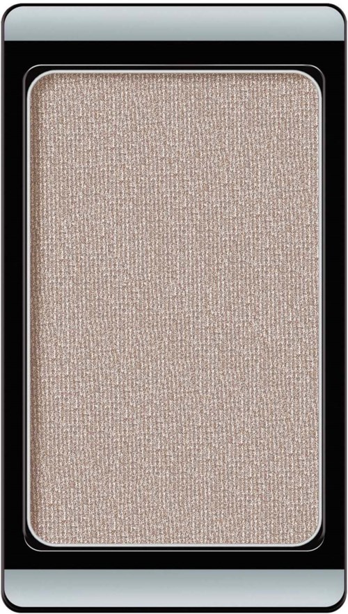 Beige-harmaa silmänvaripaletti mustassa kotelossa kirkkaalla kannella.