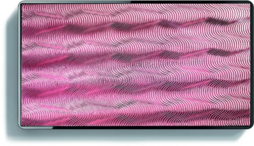 A large TV screen displays a pink and white wavy pattern. The screen has a thin black frame.