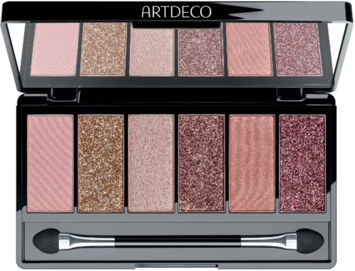 En makeup-palett med sex rosa och bruna ögonskuggor, glitter och matta, med en liten appliceringsborste.