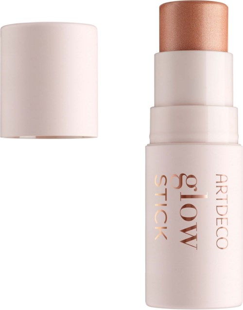 En highlighter-pen med vit bas och roséguldlock, visar produkten utan lock.