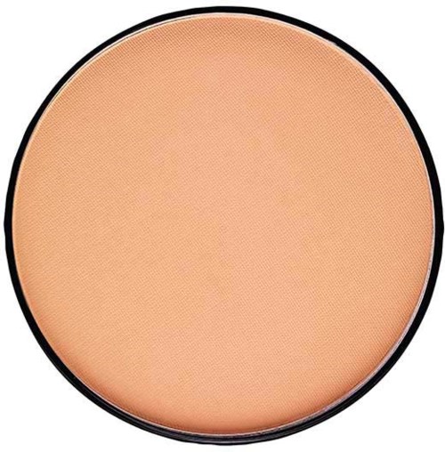 Detta är ett kompakt runt makeup-puder i en svart förpackning med en persikofärgad nyans.