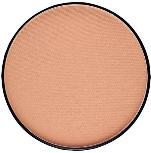 Ett runt kompakt puder med beige nyans och svart kant.