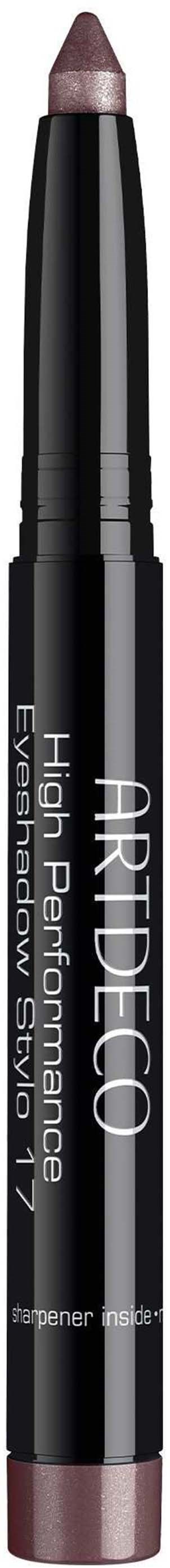 A brown eye pencil with a black body, white text, and a pinkish tip for makeup application.