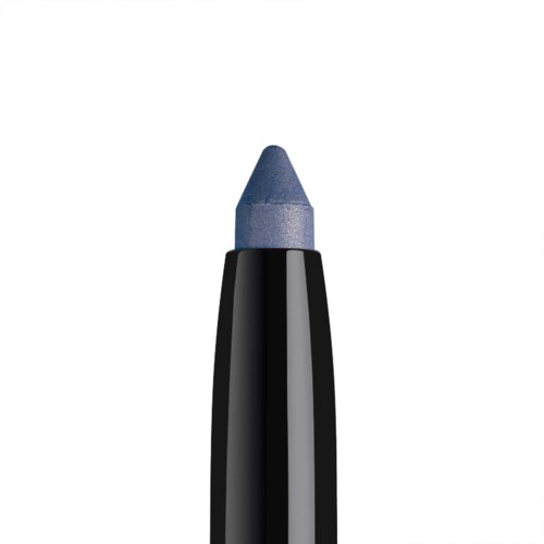 A blue crayon with a black body and a pointed tip.