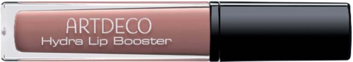 Ein Lipgloss-Röhrchen mit der Bezeichnung ARTDECO Hydra Lip Booster, rosa Flüssigkeit im Inneren, einfacher schwarzer Deckel.