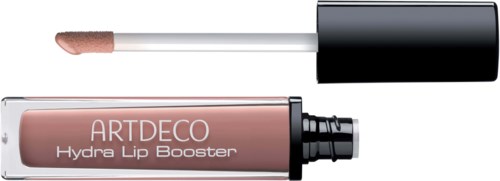Ein Lippenstift mit Applikator neben dem, beschriftet 'ARTDECO Hydra Lip Booster', in Schwarz, Rosa und Weiß.