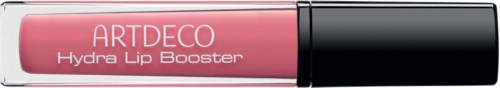 Rosa Lippenstiftbehälter mit schwarzem Deckel, beschriftet 'ARTDECO Hydra Lip Booster'.