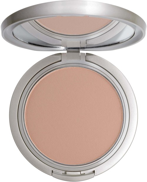 Ein Pudercompact mit rundem, pfirsichfarbenem Puder und Spiegel im Deckel.