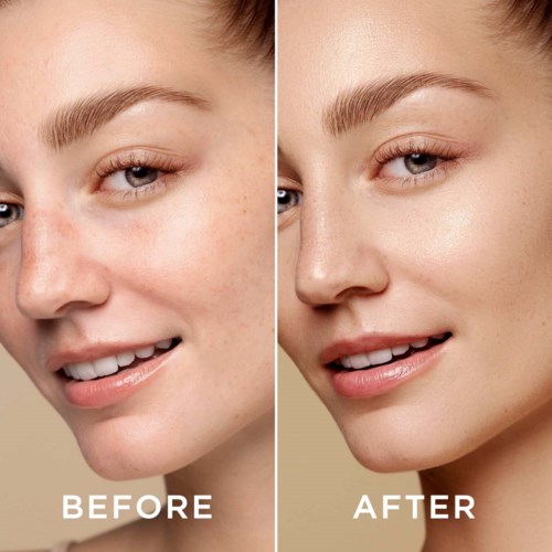 Side-by-side photo showing face before and after makeup, with clear skin and enhanced features.