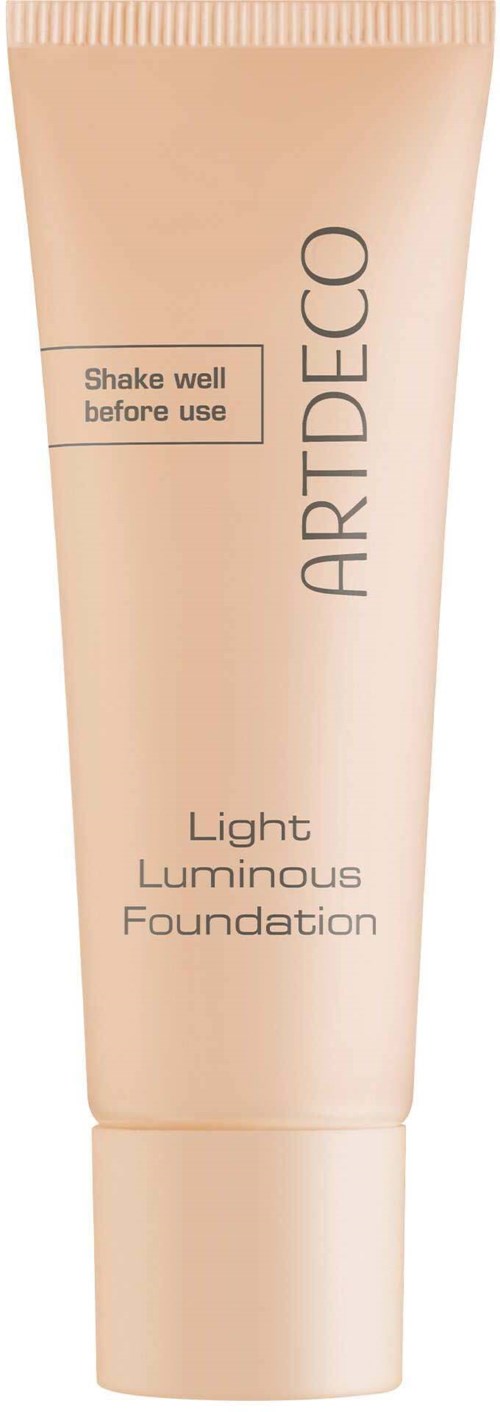 Light-colored tube labeled 'ARTDECO Light Luminous Foundation' with 'Shake well before use' instruction.