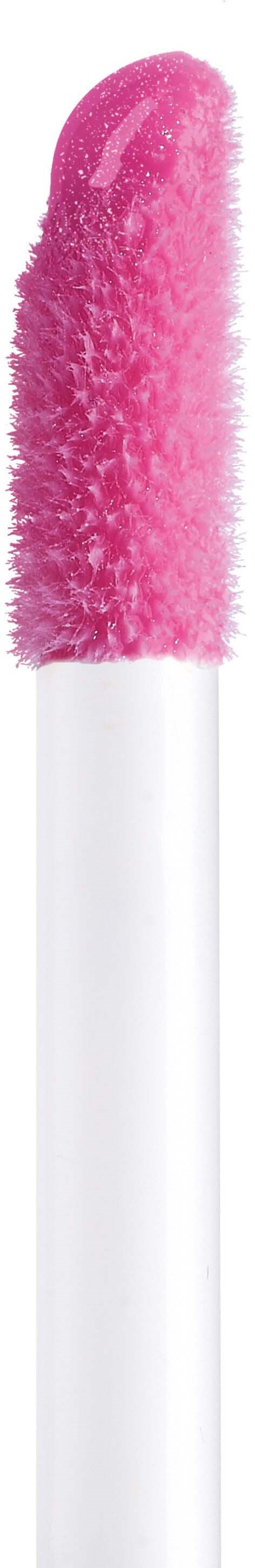 Ein rosa, flauschiger Applikator mit weißem Griff, vermutlich für Make-up oder Lipgloss.